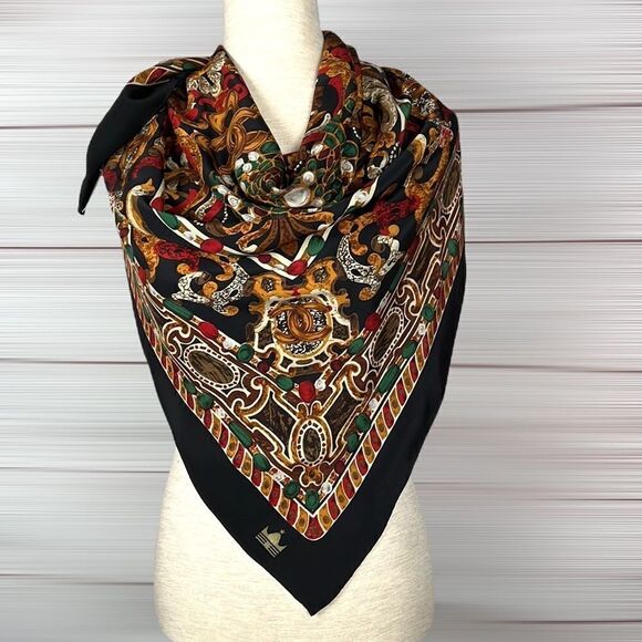 Shanghai SILK Large Silk Square Scarf Hand Rolled Black Multicolor - Picture 7 of 12